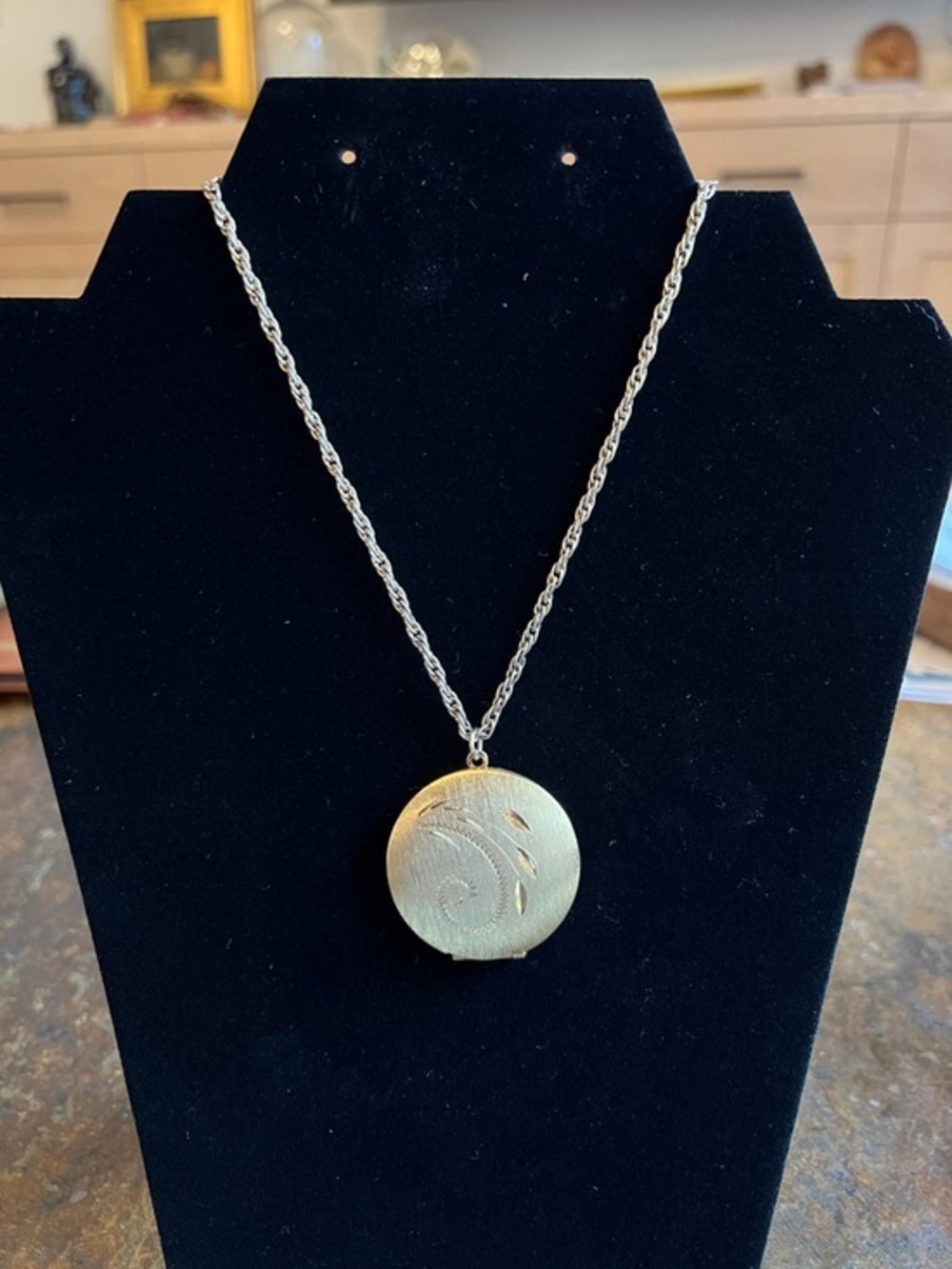 Golden Round Locket Necklace with Textured Swirl - Women's Jewelry